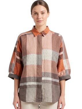 NOEN 100% Linen (Flax) Oversized Plaid Button Front Blouse US Sz 6